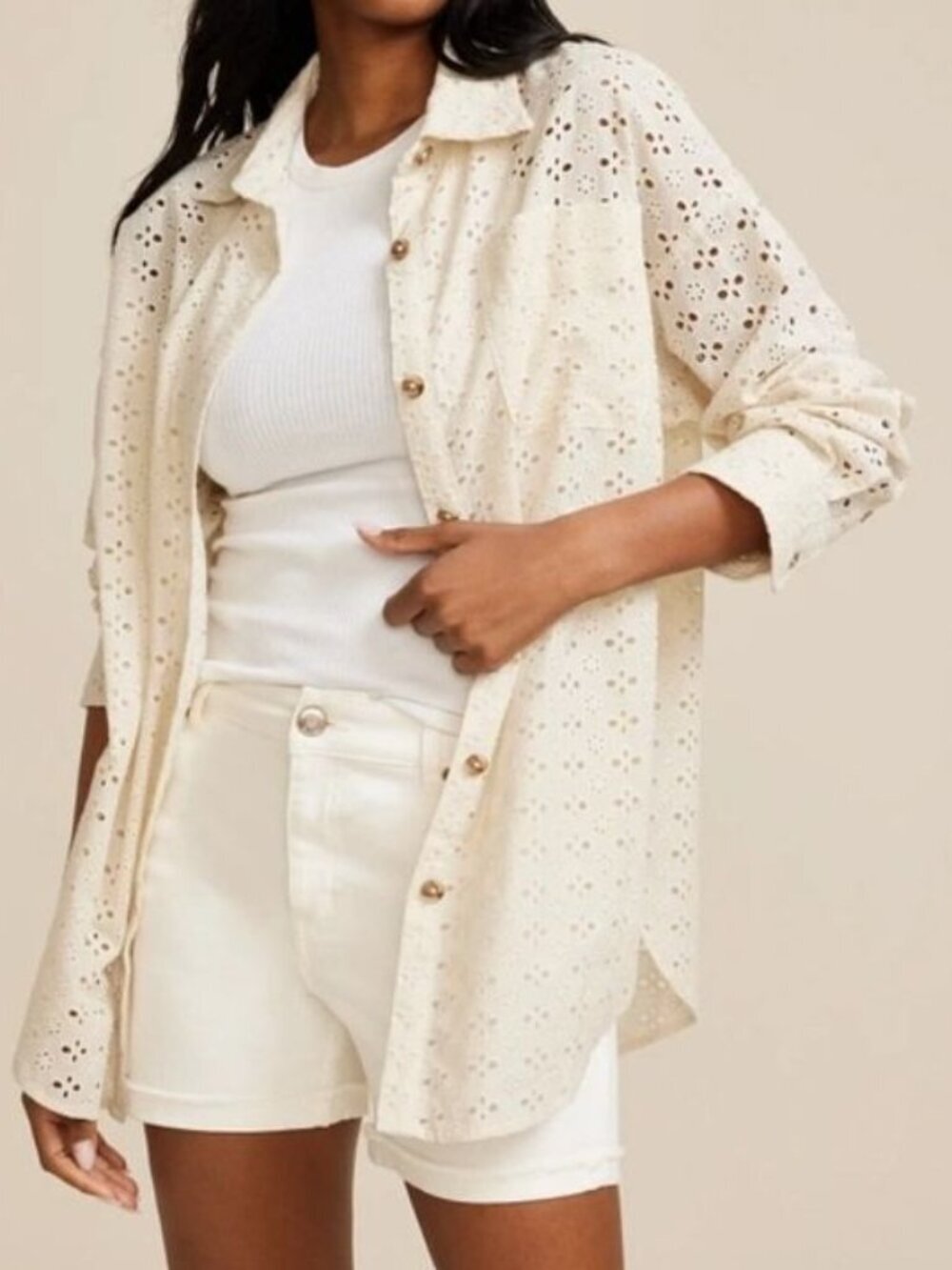 Maurices Cream Eyelet Lace Button Up Blouse